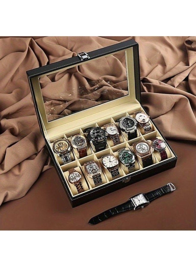 Luxury Wooden Watch Storage and Display Box with 12 Individual Slots, Premium PU Leather Watch Organizer with Transparent Lid for Safe Protection and Elegant Display – Durable Watch Case for Men and Women, Ideal for Home, Office, Jewelry Storage and Watch Collectors - Image 1