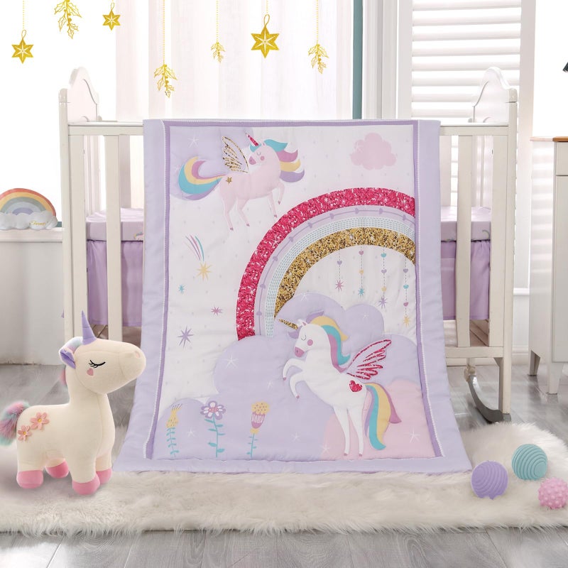 Wowelife Wowelife Unicorn Crib Bedding Set 3 Pieces Baby Girl Crib Bed Set Crib Comforter Set for Girls Nursery Bedding Set Purple Include Baby Comforter Skirt and Crib Sheet Purple 