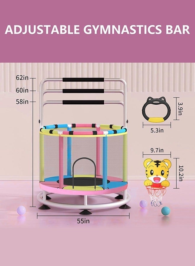 WALALLA Trampoline for Kids, 140cm Toddler Trampoline Indoor and Outdoor,Load Bearing 250kg Kids Trampoline with Enclosure Net, Mini Trampoline with T-handrail Swing Sandbag Basketball Hoop Adjustable Gymnastics Bar,Yellow Green Blue - Image 3