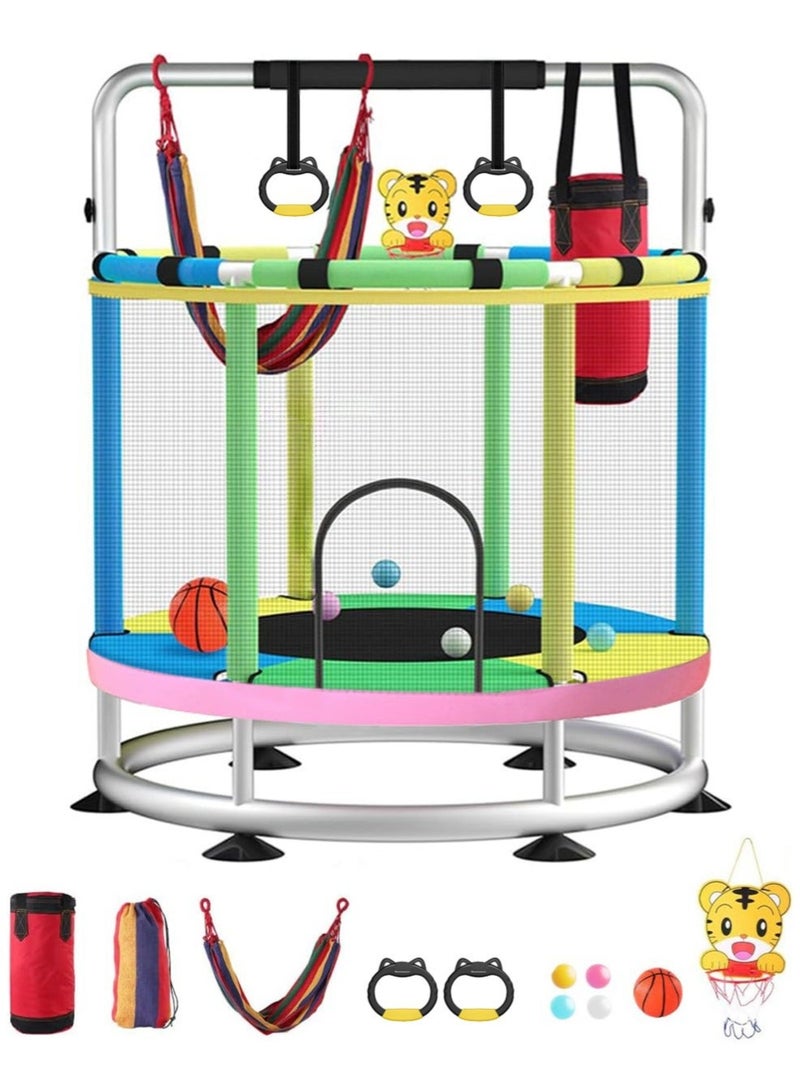 WALALLA Trampoline for Kids, 140cm Toddler Trampoline Indoor and Outdoor,Load Bearing 250kg Kids Trampoline with Enclosure Net, Mini Trampoline with T-handrail Swing Sandbag Basketball Hoop Adjustable Gymnastics Bar,Yellow Green Blue - Image 1