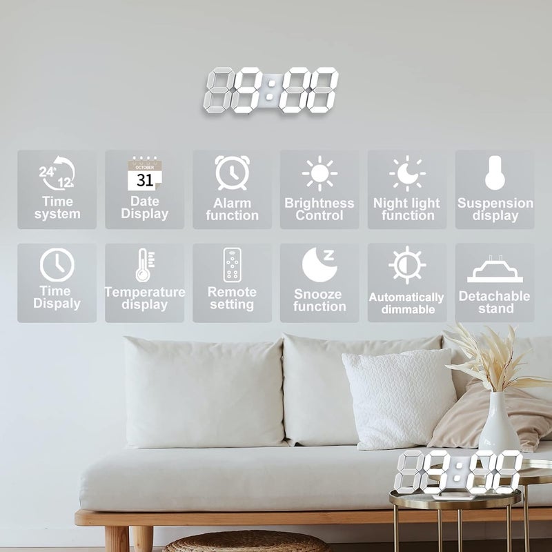 ساعة تنبيه رقمية ثلاثية الأبعاد بتقنية LED من ، صغيرة الحجم، مثالية للجدران، تدعم وظيفة التأجيل، قابلة لتعديل السطوع، تحتفظ بالوقت والتاريخ ودرجة الحرارة، مزودة بوحدة تحكم عن بعد وضوء ليلي، مناسبة للمكتب والمطبخ وغرف المعيشة والنوم (حجم 9.7 بوصة، لون أبيض). - Image 2