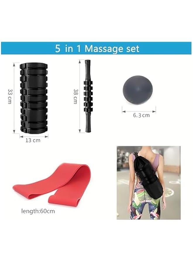 Foam Rollers, 5 in 1 Roller Set Roller with Muscle Roller Stick,Massage Ball, Density Foam Roller for Yoga Pilates,Resistance Band for Muscle Massage,Fitness Exercise for Whole Body (Black)