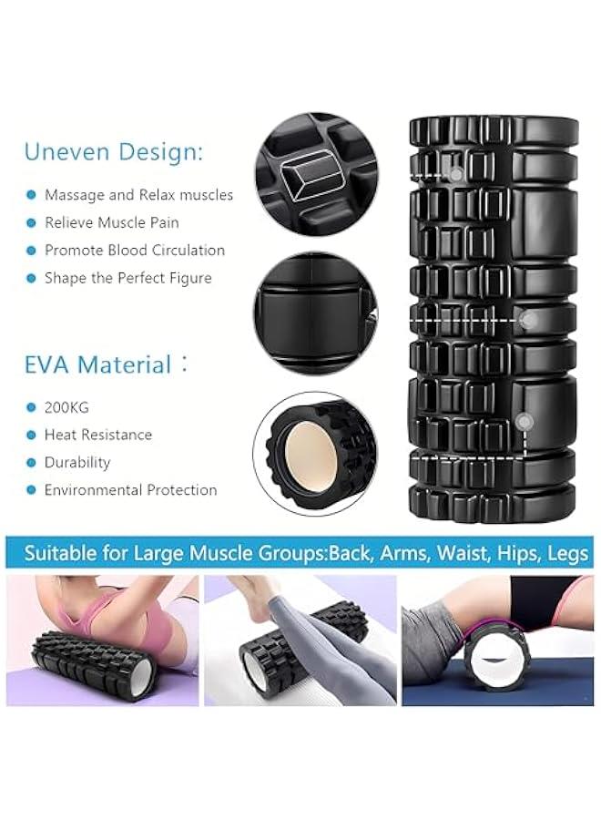 Foam Rollers, 5 in 1 Roller Set Roller with Muscle Roller Stick,Massage Ball, Density Foam Roller for Yoga Pilates,Resistance Band for Muscle Massage,Fitness Exercise for Whole Body (Black)