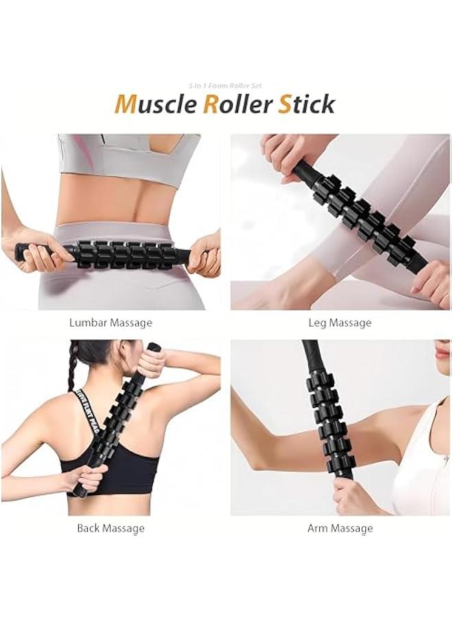 Foam Rollers, 5 in 1 Roller Set Roller with Muscle Roller Stick,Massage Ball, Density Foam Roller for Yoga Pilates,Resistance Band for Muscle Massage,Fitness Exercise for Whole Body (Black)