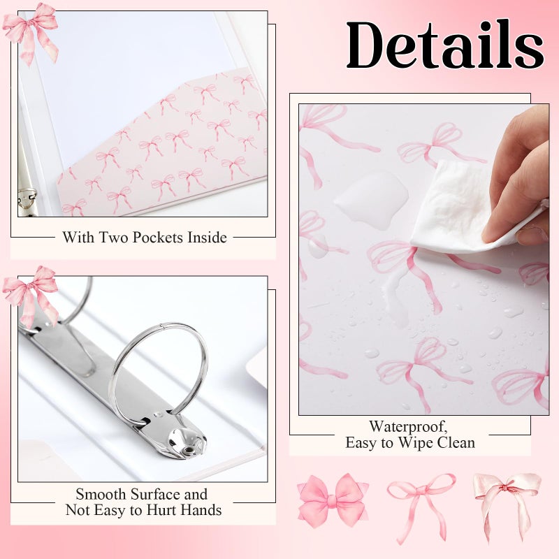 ReliThick 4 Pcs Letter Size Cute Bow 3 Ring Binder, 2 Inch Round Ring with Interior Pockets, Decorative Cute Binders, Clipboard Binder, Coquette School Supplies for School Office(Pink) - Image 4