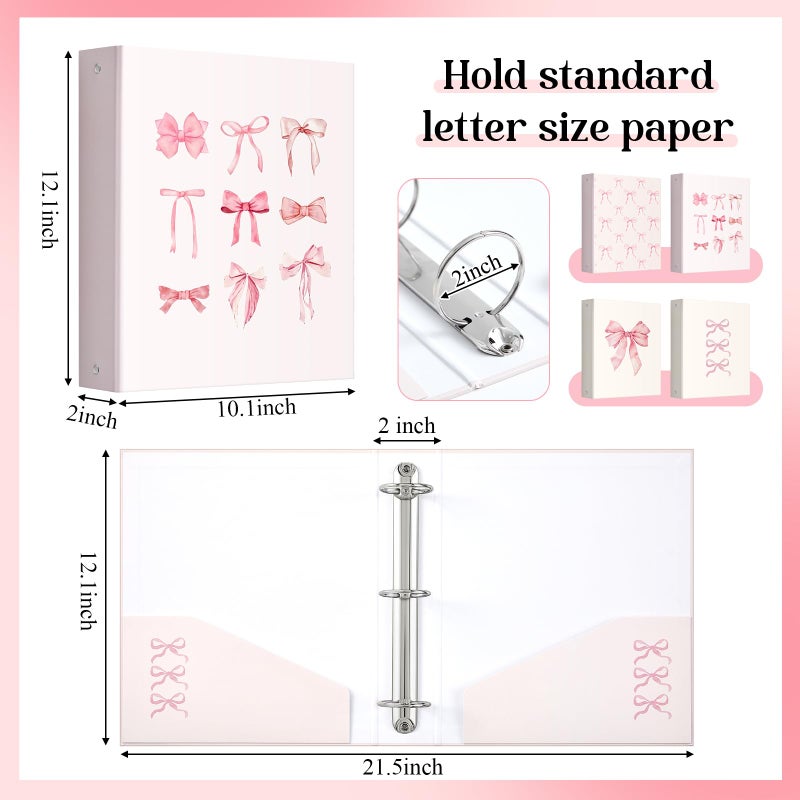 ReliThick 4 Pcs Letter Size Cute Bow 3 Ring Binder, 2 Inch Round Ring with Interior Pockets, Decorative Cute Binders, Clipboard Binder, Coquette School Supplies for School Office(Pink) - Image 2