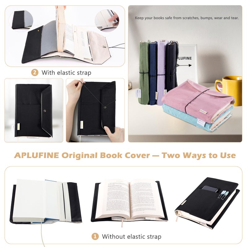 Aplufine Canvas Book Cover - Washable & Adjustable Covers for Paperback & Hardcover, Pockets for Pen, Book Lovers Gift - Image 5