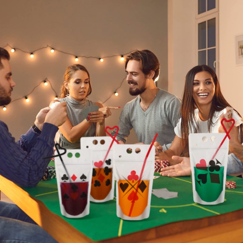Seematn 24 Set Casino Party Plastic Drink Pouch Cups with Straws  Poker Tumbler Clear Zipper Bags - Reusable Casino Poker Cups for Birthday Party Decorations & Supplies - Image 4