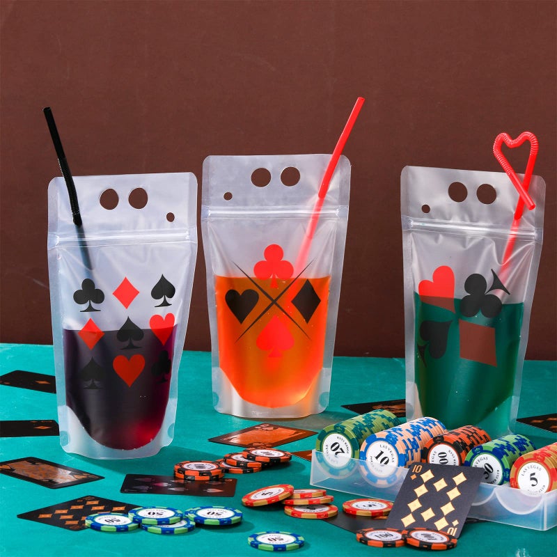 Seematn 24 Set Casino Party Plastic Drink Pouch Cups with Straws  Poker Tumbler Clear Zipper Bags - Reusable Casino Poker Cups for Birthday Party Decorations & Supplies - Image 2