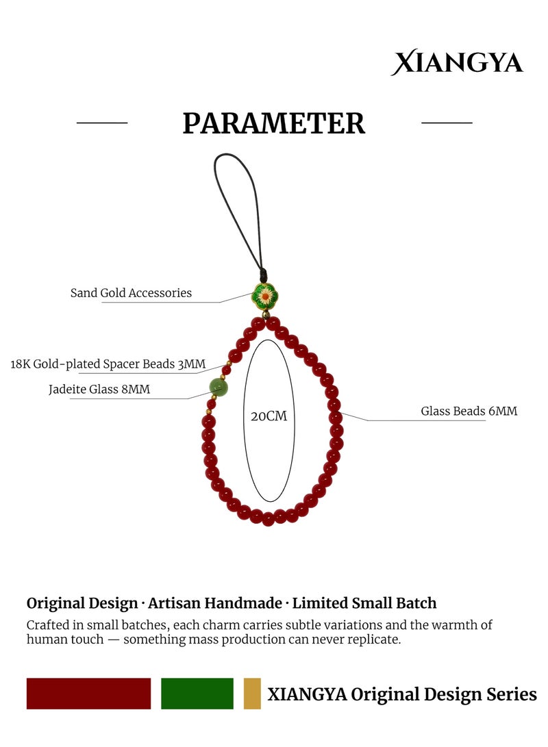XIANGYA Lanyard Phone Strap Charm – Phone Strap chain with Red Glass Beads Jadeite Glass Accent & Enamel Flower Charm - Image 3