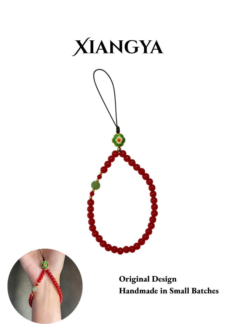 XIANGYA Lanyard Phone Strap Charm – Phone Strap chain with Red Glass Beads Jadeite Glass Accent & Enamel Flower Charm - Image 1