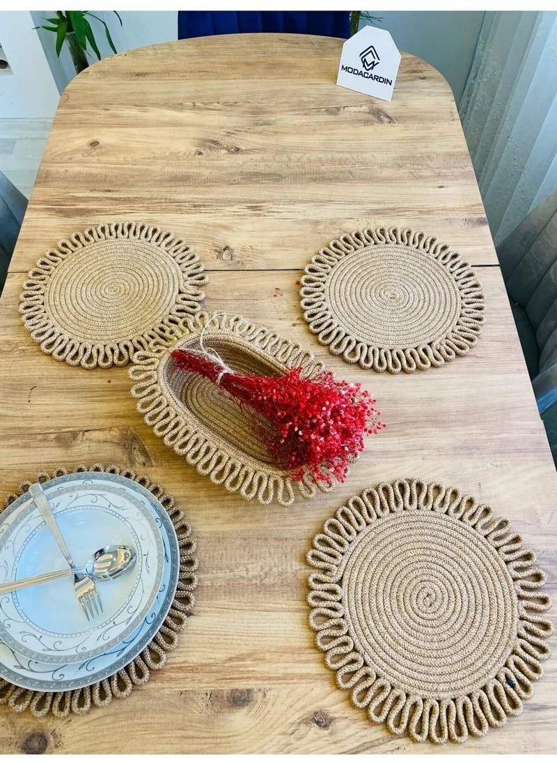 BDZ Deri BDZ Leather Jute Wicker American Service Plate and Basket 5 Pieces