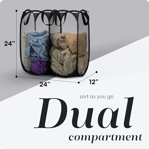 Handy Laundry سلة غسيل شبكية قابلة للطي - قسمين، قابلة للتخزين وسهلة الفتح. سلة ملابس قابلة للطي رائعة لغرفة الأطفال، سكن الجامعة أو السفر. (أسود) - Image 2