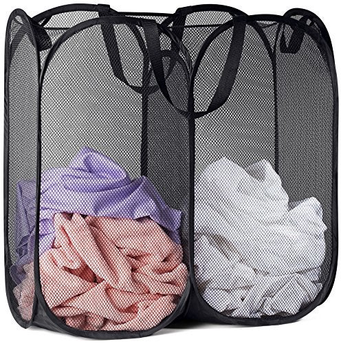 Handy Laundry سلة غسيل شبكية قابلة للطي - قسمين، قابلة للتخزين وسهلة الفتح. سلة ملابس قابلة للطي رائعة لغرفة الأطفال، سكن الجامعة أو السفر. (أسود) - Image 1