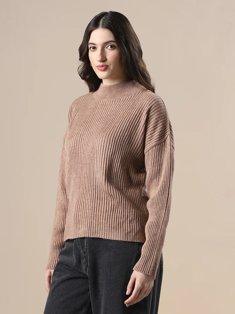 جلو باص كنزة نسائية محبوكة من الأكريليك بياقة عالية وتصميم ذاتي وكتف ساقط وأكمام طويلة