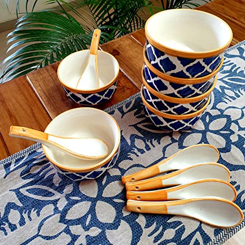 BACKKSPACE RETAIL Hand-Painted Ceramic Soup Bowls Set of 6 with Matching Spoon | Yellow Bowls, 300ml Each | Ideal for Serving Soup, Maggi, Dessert | Microwave and Dishwasher Safe - Image 2