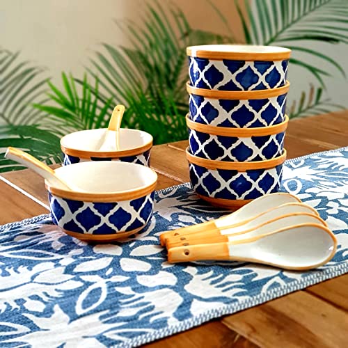 BACKKSPACE RETAIL Hand-Painted Ceramic Soup Bowls Set of 6 with Matching Spoon | Yellow Bowls, 300ml Each | Ideal for Serving Soup, Maggi, Dessert | Microwave and Dishwasher Safe - Image 1