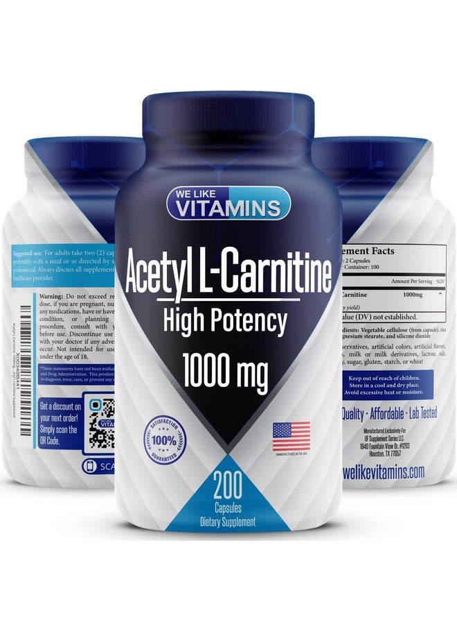We Like Vitamins كبسولات أسيتيل إل كارنيتين 1000 مجم، 200 كبسولة نباتية سهلة البلع، مكمل أسيتيل إل كارنيتين يساعد في دعم التركيز ووظائف المخ والطاقة - Image 1