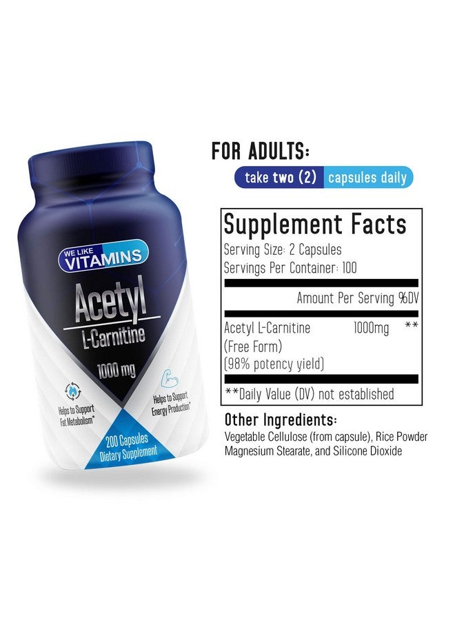 We Like Vitamins كبسولات أسيتيل إل كارنيتين 1000 مجم، 200 كبسولة نباتية سهلة البلع، مكمل أسيتيل إل كارنيتين يساعد في دعم التركيز ووظائف المخ والطاقة - Image 3
