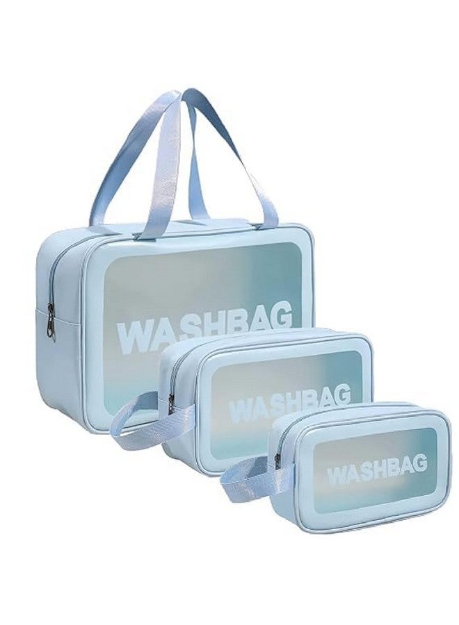 MIHOO 3 Pieces Transparent Cosmetic Wash Bags, Travel Toiletry Makeup Storage Bag, Clear Cosmetics Carry Pouch, 3 Pcs Traveling Set, 3 Different Sizes for Multipurpose Use (Blue) - Image 1