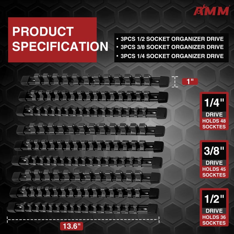 AMM 9-Piece Socket Organizer, 1/2 inch, 3/8 inch and 1/4 inch Drive ABS Tools-Black Socket Holder,Heavy Duty Socket Racks, Premium Quality Socket Clip Rail Holder,The best tool trays in the garage - Image 2