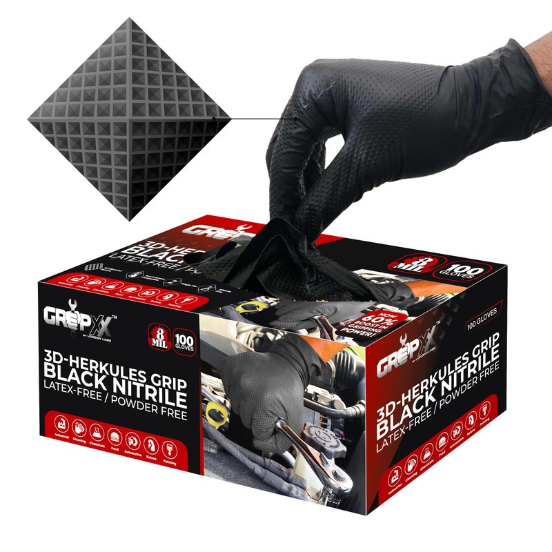GRIPXX Herkules Grip Heavy Duty 8Mil Black Nitrile Gloves3D Raised Diamond TextureLatex PowderFreeIndustrial Mechanic 100 Large