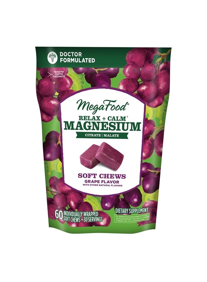 MegaFood Relax + Calm Magnesium Supplement - Soft Chews with Magnesium Citrate & Magnesium Malate for Heart Health, Muscle Tension & More - Vegetarian - Grape-Flavor - 60 Chews per Pack (30 Servings) - Image 1