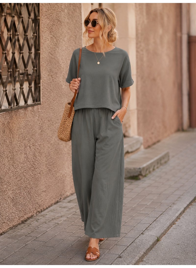 Women's Casual 2 Piece Co-Ord Set Loose Half Sleeve Round Neck Top with Wide Leg Palazzo Pants Grey - Image 1