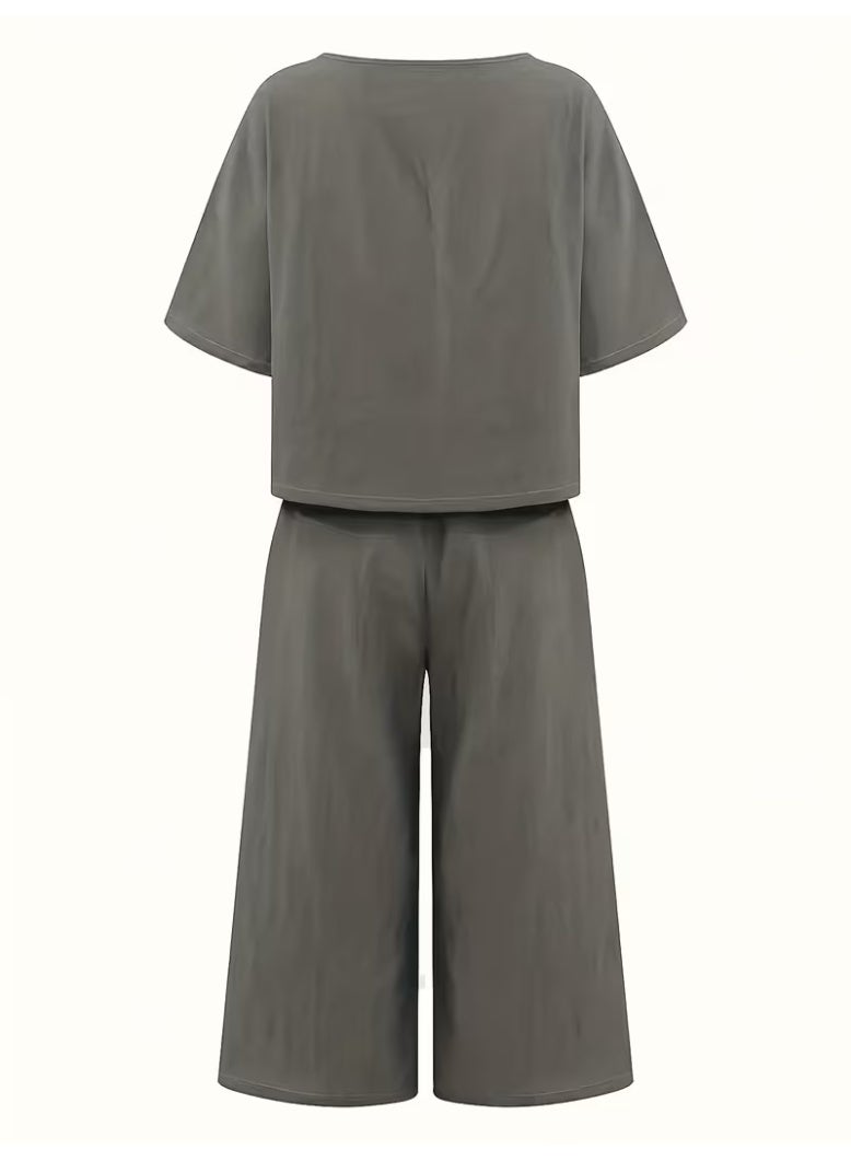 Women's Casual 2 Piece Co-Ord Set Loose Half Sleeve Round Neck Top with Wide Leg Palazzo Pants Grey - Image 2