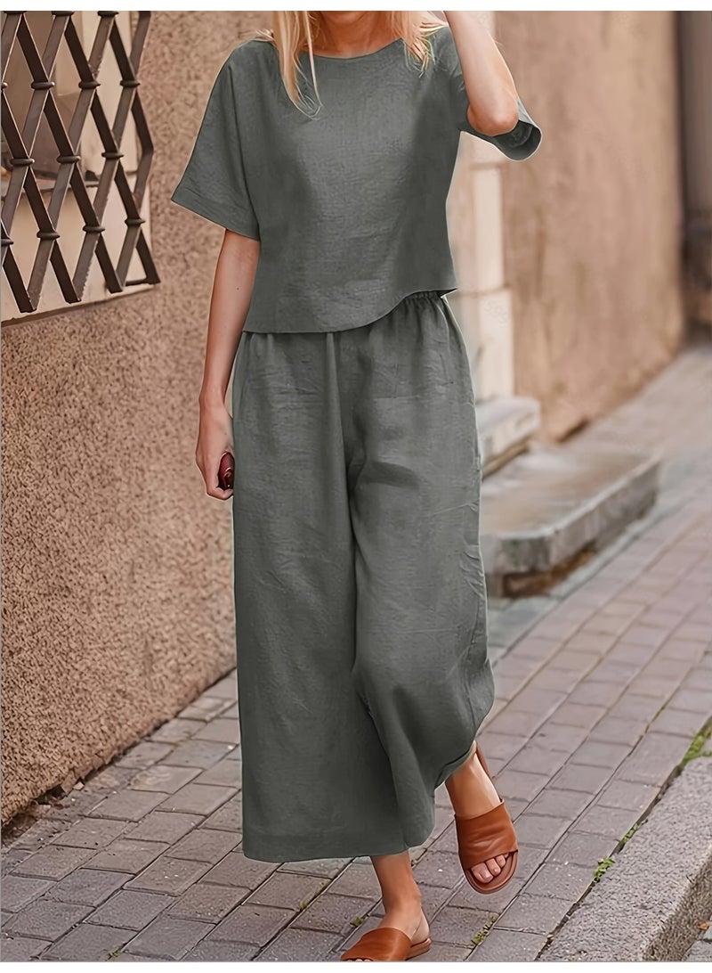 Women's Casual 2 Piece Co-Ord Set Loose Half Sleeve Round Neck Top with Wide Leg Palazzo Pants Grey - Image 4