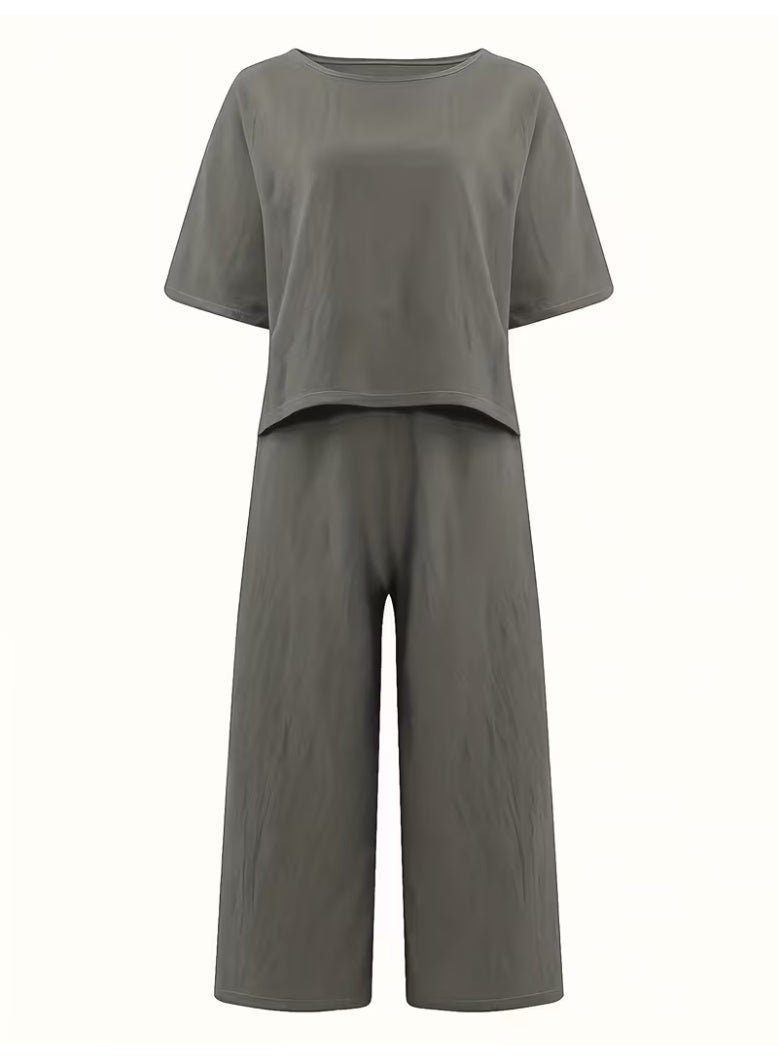 Women's Casual 2 Piece Co-Ord Set Loose Half Sleeve Round Neck Top with Wide Leg Palazzo Pants Grey - Image 3