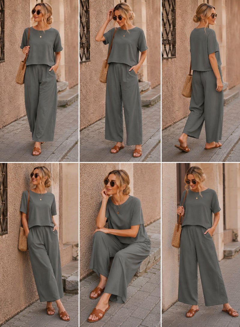 Women's Casual 2 Piece Co-Ord Set Loose Half Sleeve Round Neck Top with Wide Leg Palazzo Pants Grey - Image 5