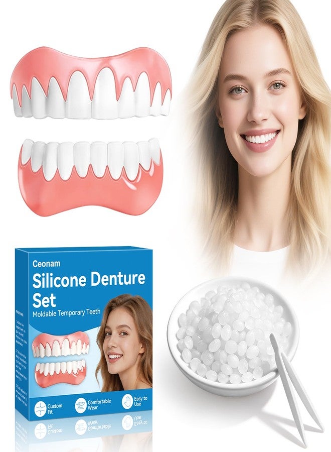 Ceonam Moldable False Teeth Dentures Set for Women Men – Upper Lower Silicone Denture Kit with 0.7oz Dental Adhesive Beads, Plastic Tweezers, Storage Case, Natural Look Tooth - Image 1