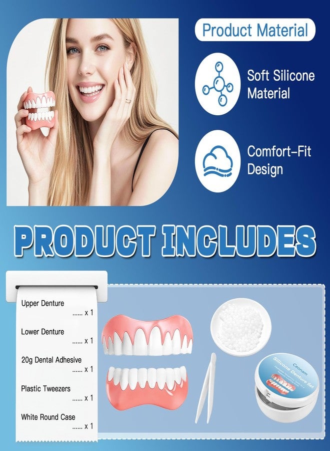 Ceonam Moldable False Teeth Dentures Set for Women Men – Upper Lower Silicone Denture Kit with 0.7oz Dental Adhesive Beads, Plastic Tweezers, Storage Case, Natural Look Tooth - Image 4