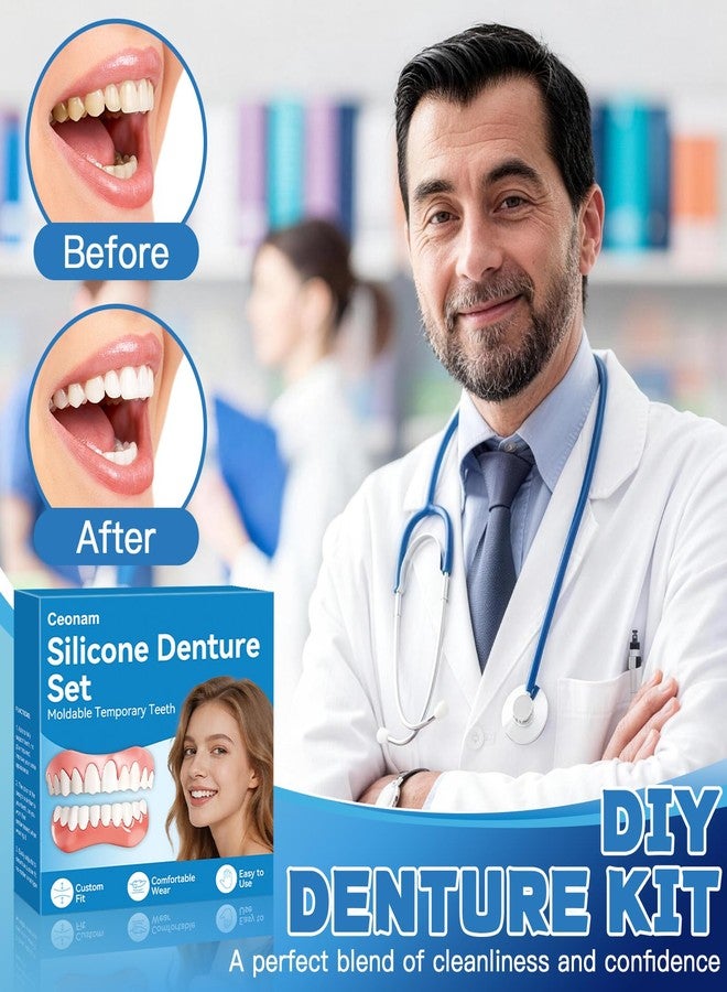 Ceonam Moldable False Teeth Dentures Set for Women Men – Upper Lower Silicone Denture Kit with 0.7oz Dental Adhesive Beads, Plastic Tweezers, Storage Case, Natural Look Tooth - Image 2