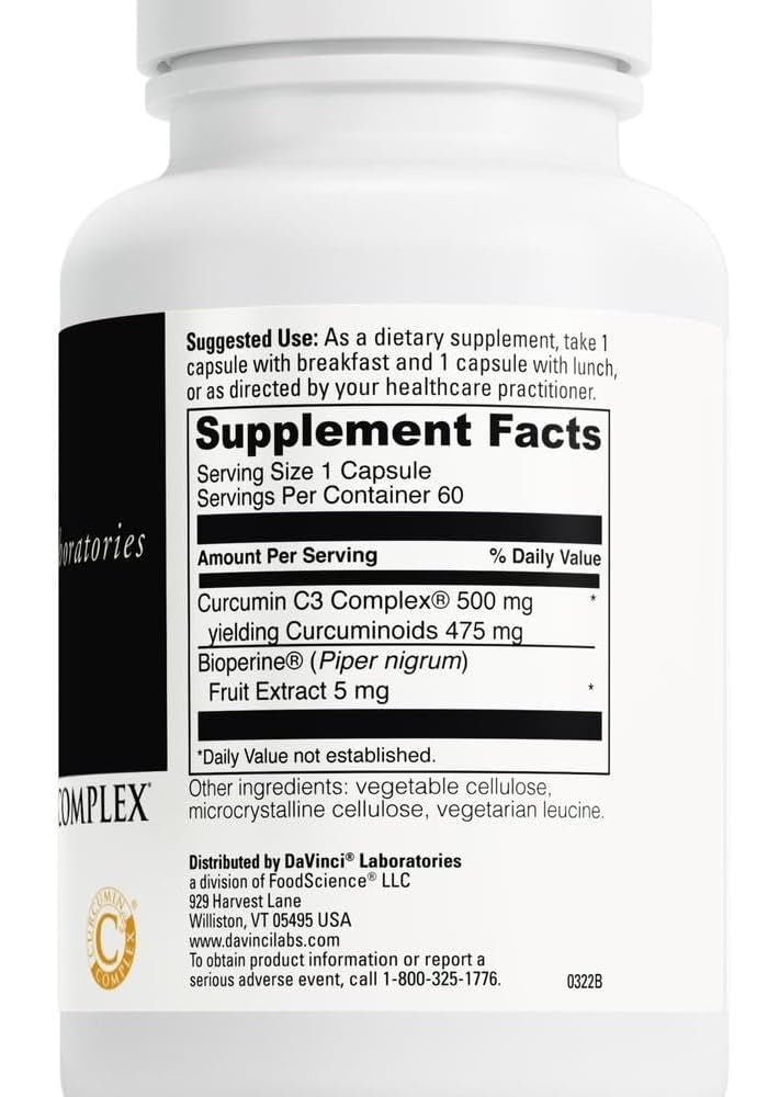 DaVinci Laboratories Curcumin C3 Complex 500 mg Dietary Supplement - 60 Vegetarian Capsules - Image 2