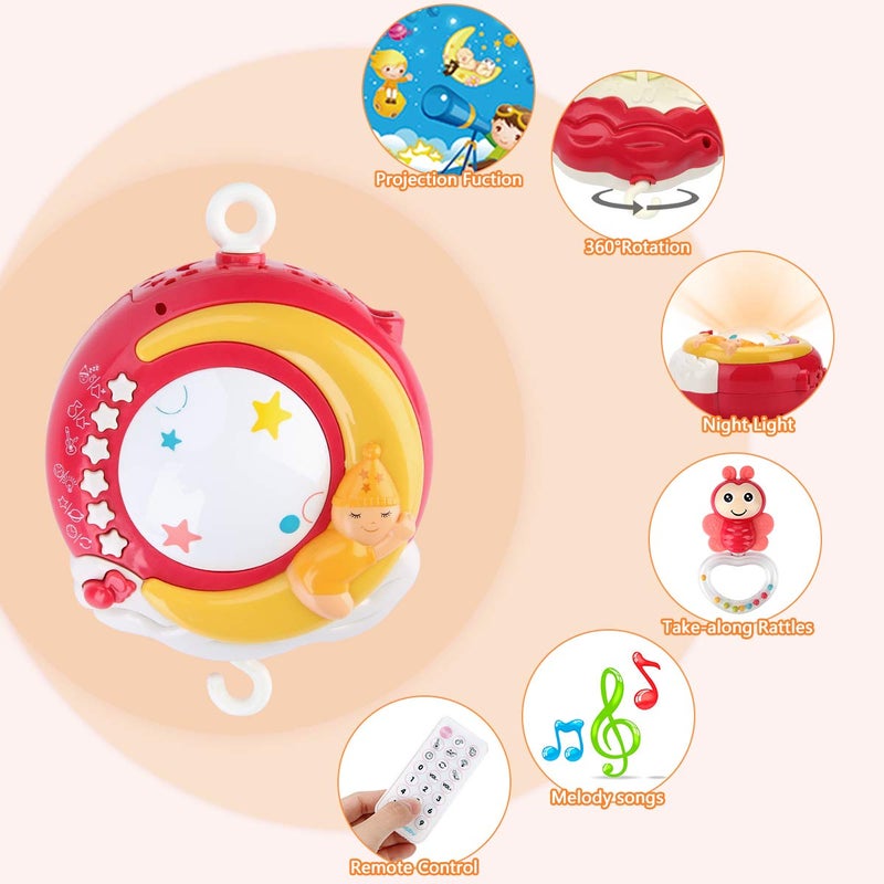 Mini Tudou Baby Musical Mobile Crib Toys with Projector and Light, Timing Function, Remote Control Baby Cot Mobile with Take Along Music Box and Rattles, Present for Newborn Babies Boys Girls - Image 2
