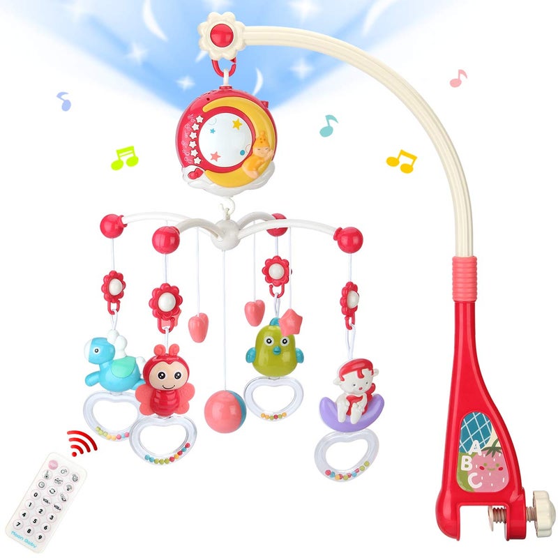 Mini Tudou Baby Musical Mobile Crib Toys with Projector and Light, Timing Function, Remote Control Baby Cot Mobile with Take Along Music Box and Rattles, Present for Newborn Babies Boys Girls - Image 1