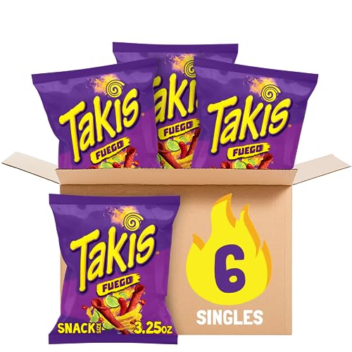 Taki's Takis Fuego 6 pc / 3.25 oz Snack Size Case, Hot Chili Pepper & Lime Flavored Extreme Spicy Rolled Tortilla Chips - Image 1