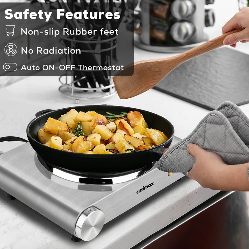 CUSIMAX Hot Plate, CUSIMAX Electric Burner 1500W Hot Plate Cooking Single Burner Electric Stove with Heat-up in Seconds Adjustable Temperature Control Silver Stainless Steel Body, Your Kitchen Assistant - Image 5
