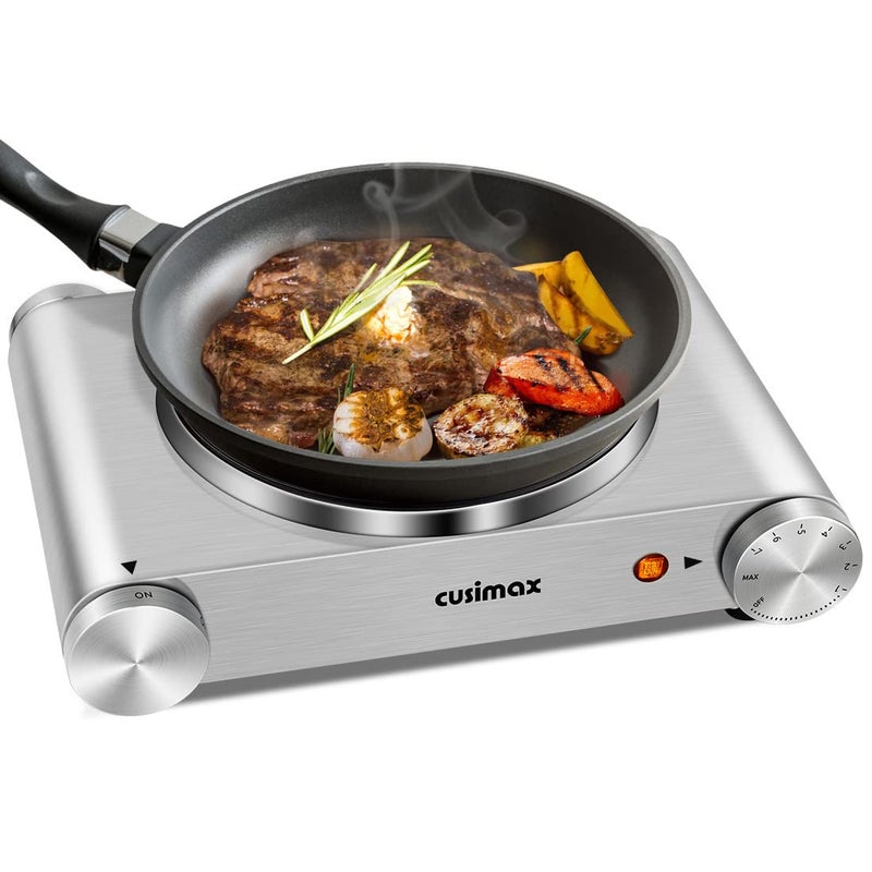 CUSIMAX Hot Plate, CUSIMAX Electric Burner 1500W Hot Plate Cooking Single Burner Electric Stove with Heat-up in Seconds Adjustable Temperature Control Silver Stainless Steel Body, Your Kitchen Assistant - Image 1