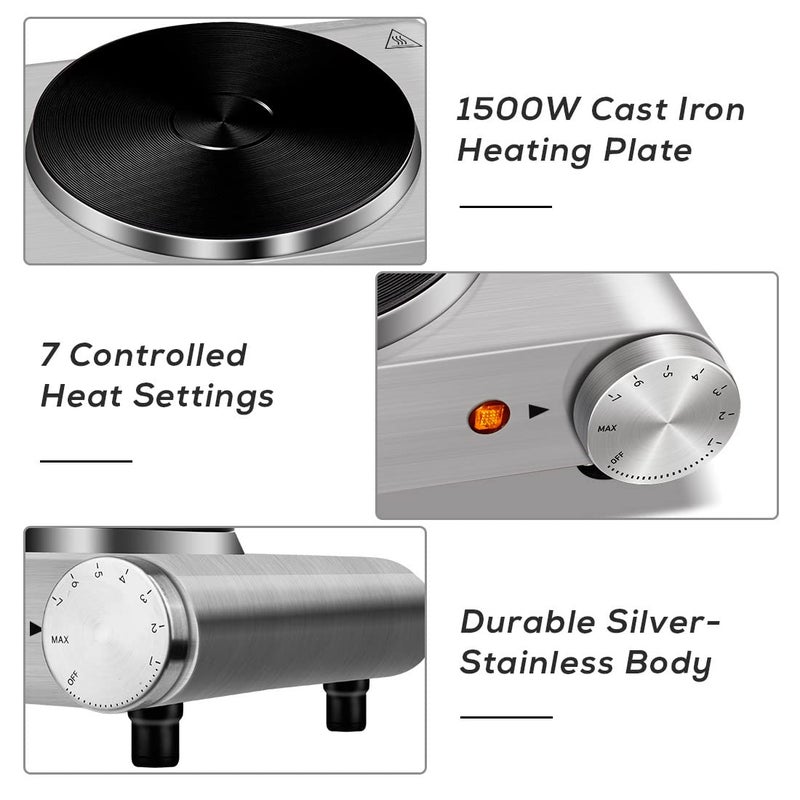 CUSIMAX Hot Plate, CUSIMAX Electric Burner 1500W Hot Plate Cooking Single Burner Electric Stove with Heat-up in Seconds Adjustable Temperature Control Silver Stainless Steel Body, Your Kitchen Assistant - Image 3