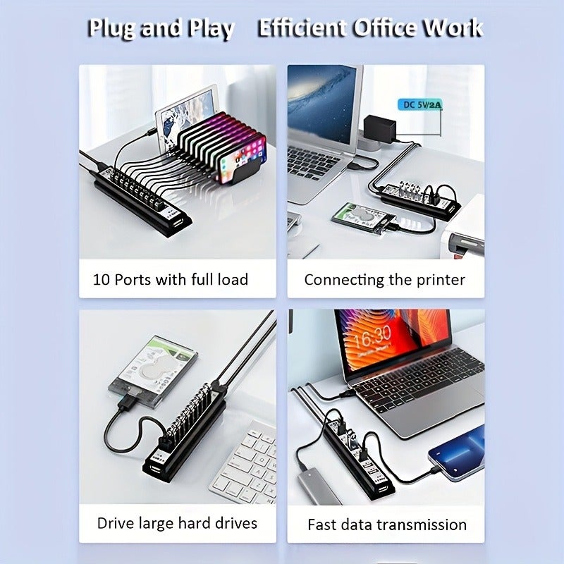PETO 10-Port USB Hub, USB 2.0 Multi-Port Adapter for Fast Charging & Data Transfer - Image 5