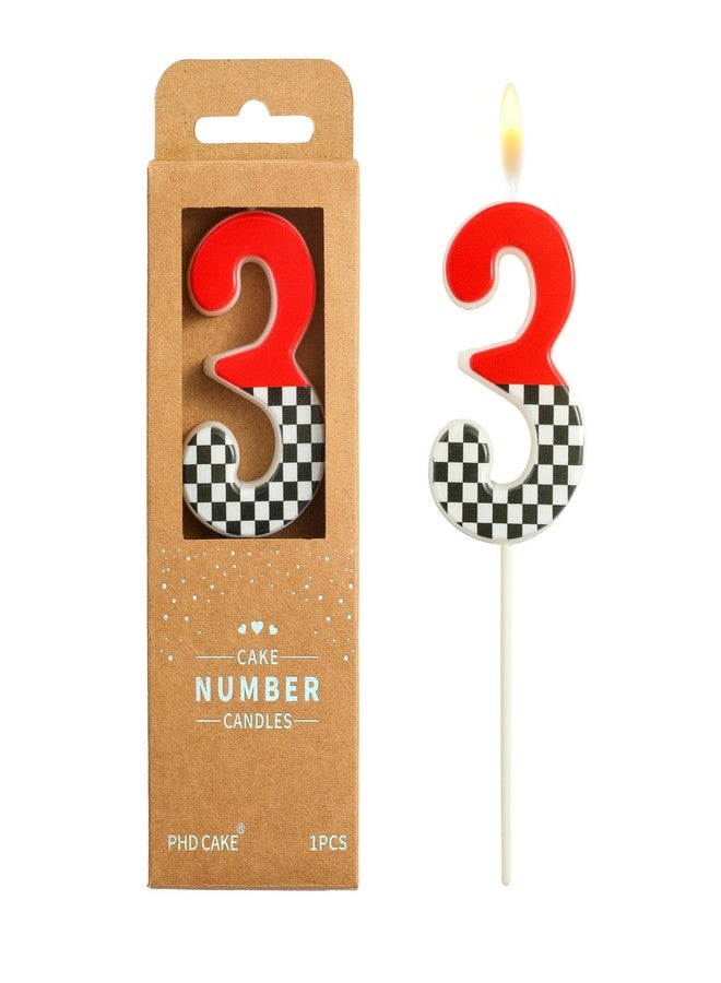 PHD CAKE 2.76 Inch Number 3 Racing Modern Birthday Candles, Red, Black and White Stripes Number Candles, Cake Number Candles, Party Celebration, Style Candle - Image 1