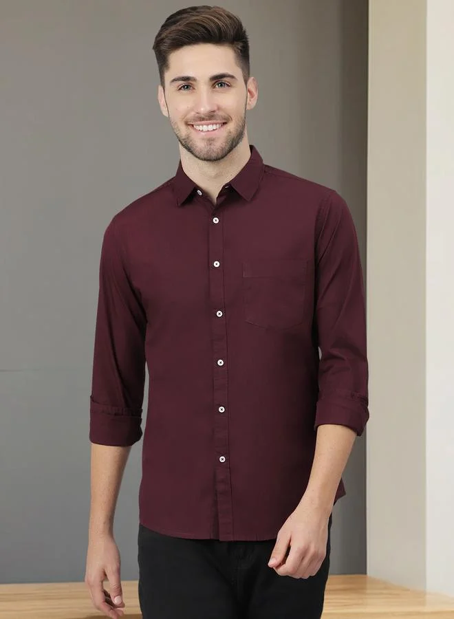 دينيس لينغو قميص رجالي بقصة ضيقة لون عنابي سادة بياقة عريضة - قطن 1%