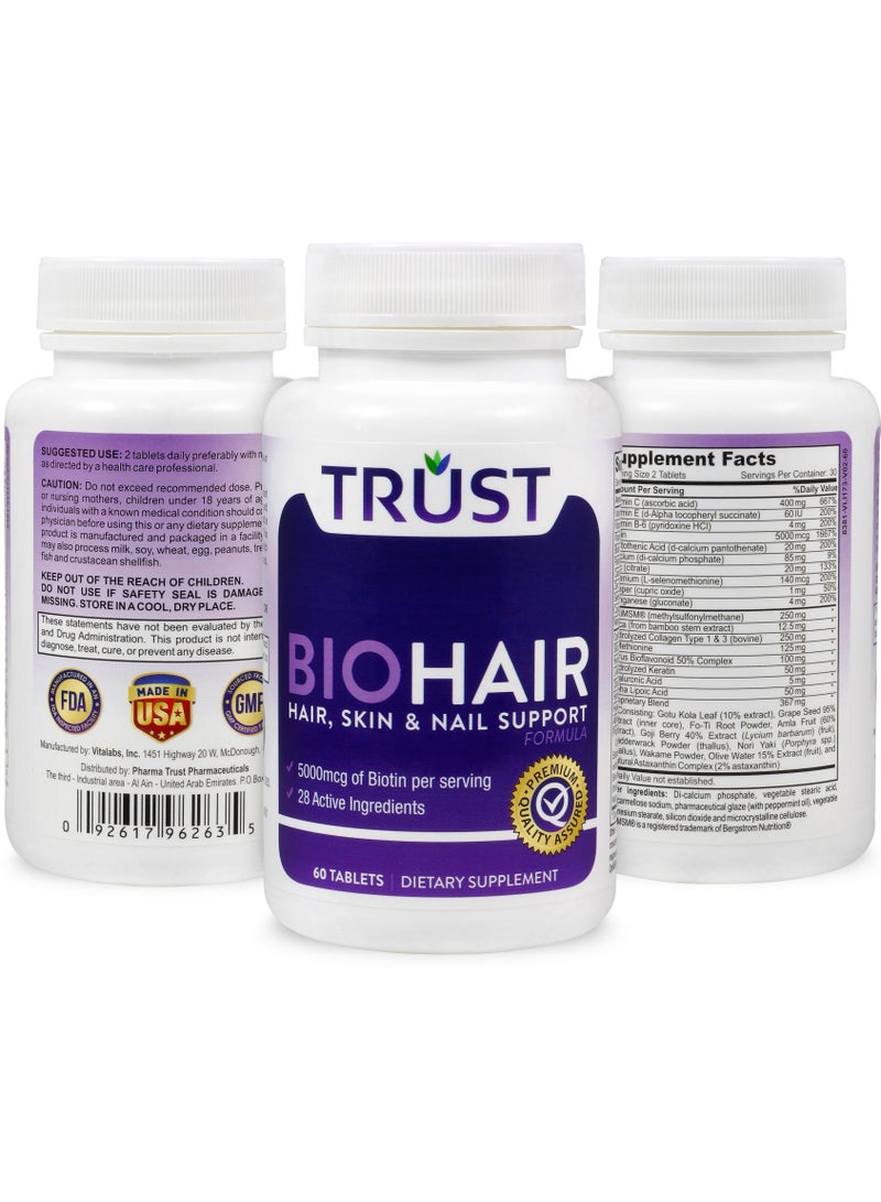 Trust BioHair Hair, Skin & Nail Support Formula, 2500mcg Biotin, collagen, keratin and multivitamins, 60 Tablets - Image 5