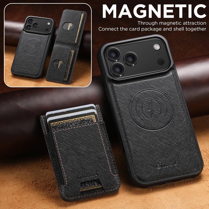 Suteni For Iphone 17 Pro H17 Cross Grain Leather Magsafe Detachable Wallet Phone Case(Black) - Image 2