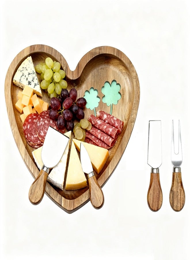 HSHQING Heart Shaped Acacia Wood Cheese Board with 4 Piece Cheese Knife Set, St. Patrick's Day Green Clover Resin Inlay Appetizer Plates Charcuterie Serving Tray for Wine and Cheese Parties - Image 2