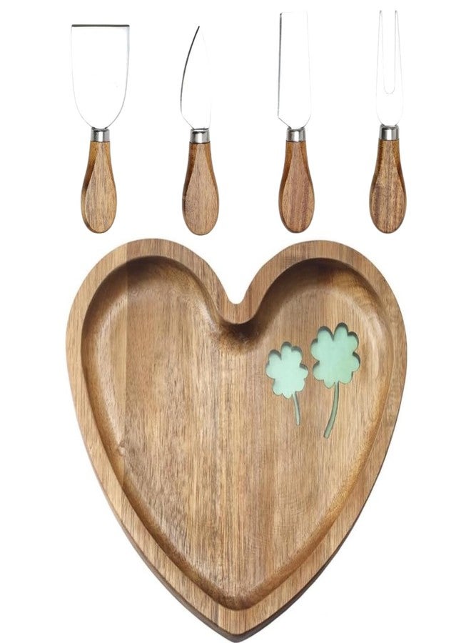 HSHQING Heart Shaped Acacia Wood Cheese Board with 4 Piece Cheese Knife Set, St. Patrick's Day Green Clover Resin Inlay Appetizer Plates Charcuterie Serving Tray for Wine and Cheese Parties - Image 1