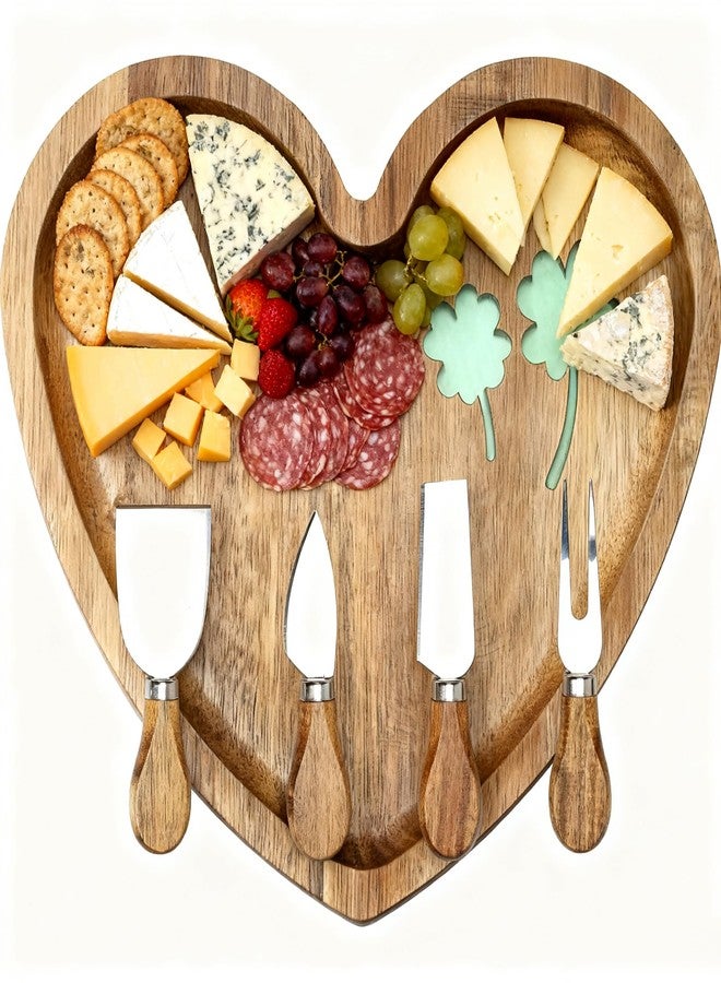 HSHQING Heart Shaped Acacia Wood Cheese Board with 4 Piece Cheese Knife Set, St. Patrick's Day Green Clover Resin Inlay Appetizer Plates Charcuterie Serving Tray for Wine and Cheese Parties - Image 3